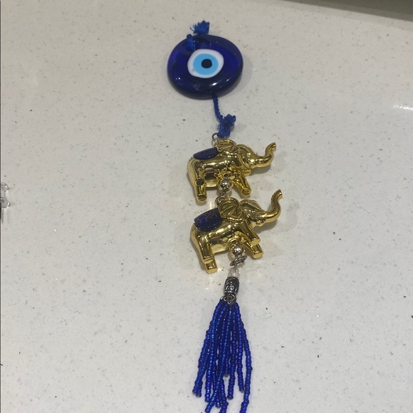 Blue Evil Eye Wall Hanging with Gold Elephants - Picture 1 of 7